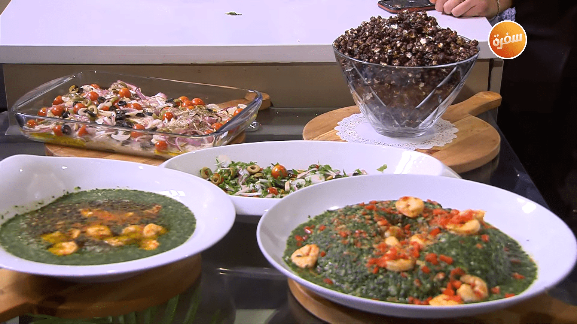 فيليه السمك بالخضار - ملوخية بالجمبري - فشار بالكراميل و الشوكولاتة