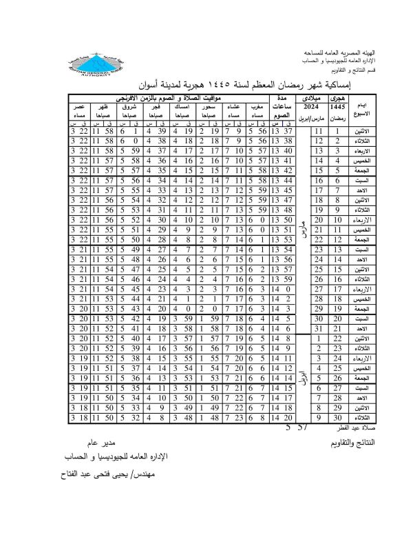 إمساكية شهر رمضان 2024 أسوان