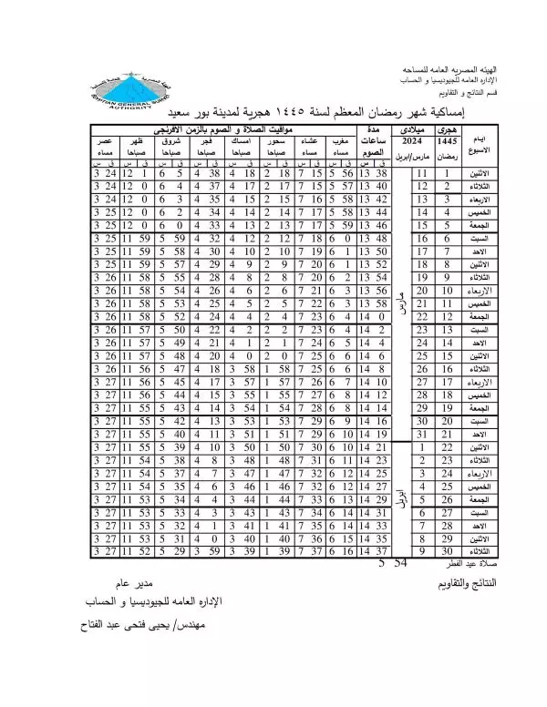 إمساكية شهر رمضان 2024 بورسعيد