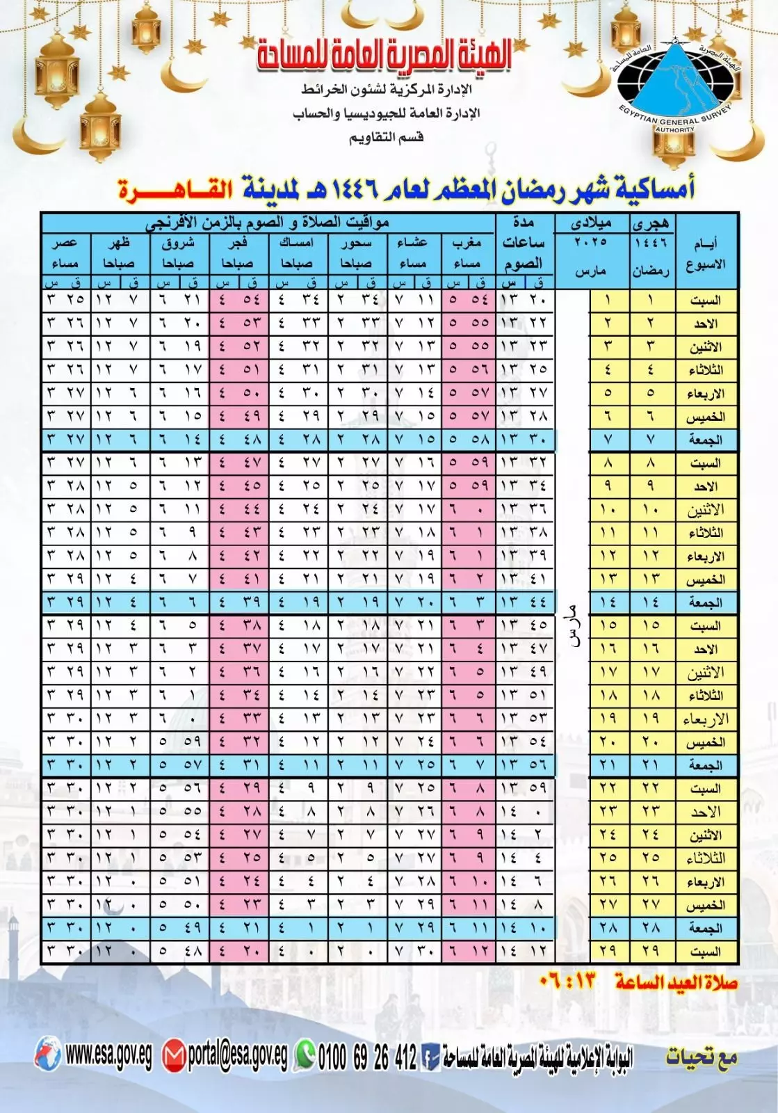 إمساكية شهر رمضان 2025 القاهرة